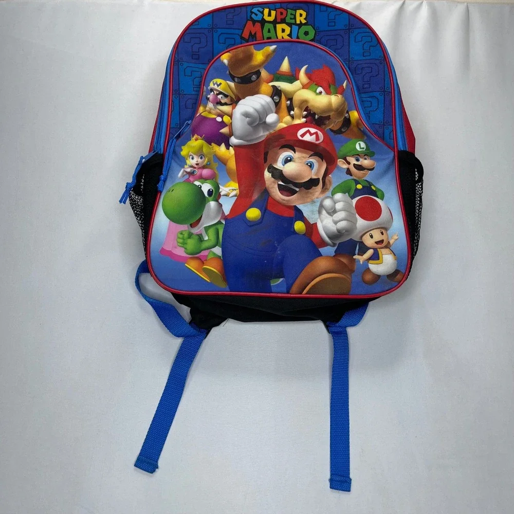 Nintendo Super Mario Backpack Kids Blue Red Polyester Graphic School Bag 16 inch